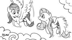 Size: 1200x675 | Tagged: safe, artist:pony-berserker, imported from derpibooru, fluttershy, rainbow dash, pegasus, pony, cloud, female, flutterdash, flying, lesbian, looking at each other, looking at someone, mare, monochrome, pony-berserker's twitter sketches, pony-berserker's twitter sketches (2022), shipping