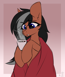 Size: 1600x1900 | Tagged: source needed, useless source url, safe, artist:rinteen, imported from derpibooru, oc, oc only, pony, blanket, chocolate, colored sketch, eye clipping through hair, eyebrows, eyebrows visible through hair, food, hot chocolate, leg hold, mug, solo