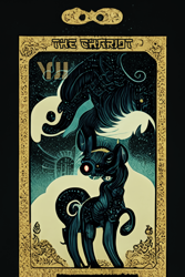 Size: 1024x1536 | Tagged: safe, artist:gnosys, imported from derpibooru, part of a set, cyclops, pony, robot, robot pony, fanfic:revanchism, abstract, ai content, ai generated, fanfic art, generator:midjourney, major arcana, tarot card, the chariot