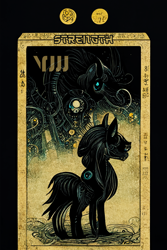 Size: 1024x1536 | Tagged: safe, artist:gnosys, imported from derpibooru, part of a set, pony, fanfic:revanchism, abstract, ai content, ai generated, fanfic art, generator:midjourney, machine learning abomination, major arcana, strength, tarot card