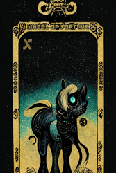 Size: 1024x1536 | Tagged: safe, artist:gnosys, imported from derpibooru, part of a set, cyborg, cyclops, pony, fanfic:revanchism, abstract, ai content, ai generated, capelet, fanfic art, generator:midjourney, machine learning abomination, major arcana, tarot card, wheel of fortune