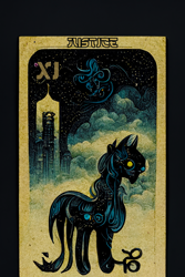 Size: 1024x1536 | Tagged: safe, artist:gnosys, imported from derpibooru, part of a set, pony, fanfic:revanchism, abstract, ai content, ai generated, cowboy hat, fanfic art, generator:midjourney, hat, justice, major arcana, tarot card