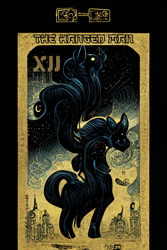 Size: 1024x1536 | Tagged: safe, artist:gnosys, imported from derpibooru, part of a set, pony, fanfic:revanchism, abstract, ai content, ai generated, fanfic art, generator:midjourney, machine learning abomination, major arcana, tarot card, the hanged man