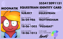 Size: 1280x800 | Tagged: safe, artist:moonatik, imported from derpibooru, oc, oc only, oc:moonatik, pegasus, pony, alternate timeline, bust, cutie mark, id card, new lunar millennium, nightmare takeover timeline, pegasus oc, signature, solo, trottingham