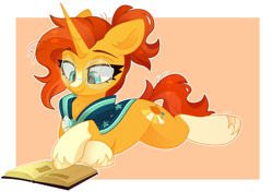 Size: 2252x1585 | Tagged: safe, artist:cinnamontee, imported from derpibooru, sunburst, pony, unicorn, book, cloak, clothes, female, glasses, lying down, mare, prone, rule 63, solo, sunburst's cloak, sunstone (g4 r63 sunburst)