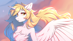 Size: 1920x1080 | Tagged: safe, artist:fensu-san, imported from derpibooru, oc, oc only, oc:star nai, alicorn, anthro, alicorn oc, breasts, cleavage, female, horn, solo, wings