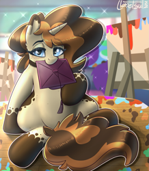 Size: 969x1113 | Tagged: safe, artist:llametsul, imported from derpibooru, oc, oc:creme cookie, pony, unicorn, atg 2022, colored, eyeshadow, female, graduation cap, hat, lidded eyes, looking at you, makeup, mare, mouth hold, newbie artist training grounds, paint