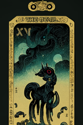 Size: 1024x1536 | Tagged: safe, artist:gnosys, imported from derpibooru, part of a set, pony, robot, robot pony, fanfic:revanchism, abstract, ai content, ai generated, charger, fanfic art, generator:midjourney, major arcana, mecha, tarot card, the devil
