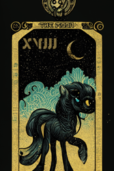 Size: 1024x1536 | Tagged: safe, artist:gnosys, imported from derpibooru, part of a set, pony, fanfic:revanchism, abstract, ai content, ai generated, fanfic art, generator:midjourney, heterochromia, machine learning abomination, major arcana, moon, tarot card