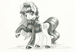 Size: 1422x1000 | Tagged: safe, artist:maytee, imported from derpibooru, rarity, pony, unicorn, beatnik rarity, beret, clothes, hat, monochrome, pencil drawing, simple background, solo, sweater, traditional art, white background
