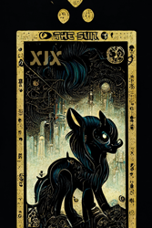Size: 1024x1536 | Tagged: safe, artist:gnosys, imported from derpibooru, part of a set, pony, fanfic:revanchism, abstract, ai content, ai generated, fanfic art, generator:midjourney, glowing, glowing eyes, major arcana, skyscraper, tarot card, the sun