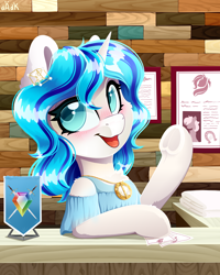 Size: 4000x5000 | Tagged: safe, artist:rainbowfire, imported from derpibooru, oc, oc only, pony, unicorn, beautiful, blue eyes, blue mane, blushing, chest fluff, clothes, complex background, confused, cute, decoration, desk, desktop, detailed, detailed background, diamond, dress, dressup, ear fluff, ear piercing, earring, emblem, female, fluffy, frog (hoof), gold, hooves, horn, jewelry, looking at you, mare, medallion, necklace, open mouth, paper, piercing, saloon, say anything, smiling, smiling at you, solo, standing, standing on two hooves, towel, tree, underhoof, wall, white
