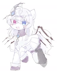 Size: 1508x1955 | Tagged: safe, artist:ginmaruxx, imported from derpibooru, pony, unicorn, clothes, eye clipping through hair, female, heterochromia, horn, looking at you, mare, open mouth, open smile, raised hoof, simple background, smiling, smiling at you, solo, white background