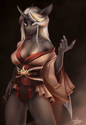 Size: 1936x2800 | Tagged: safe, artist:dacsy, imported from derpibooru, oc, oc only, oc:queen venyx, anthro, changeling, changeling queen, beckoning, breasts, changeling oc, cleavage, clothes, dress, female, high res, looking at you, simple background, solo, white changeling, wings