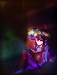 Size: 1738x2264 | Tagged: safe, artist:mipdiamond, imported from derpibooru, twilight sparkle, human, book, bra, bra strap, clothes, cute, elf ears, female, flats, floral head wreath, flower, grass, humanized, shirt, shoes, skirt, sleeping, solo, stockings, thigh highs, tree, twiabetes, underwear