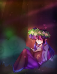 Size: 1738x2264 | Tagged: safe, alternate version, artist:mipdiamond, imported from derpibooru, twilight sparkle, human, book, bra, bra strap, clothes, cute, elf ears, female, flats, floral head wreath, flower, grass, humanized, shirt, shoes, skirt, sleeping, solo, stockings, thigh highs, tree, twiabetes, underwear