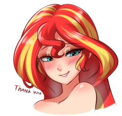 Size: 1560x1492 | Tagged: safe, artist:racoonsan, imported from derpibooru, sunset shimmer, human, bare shoulder portrait, bare shoulders, bedroom eyes, blushing, bust, cute, female, grin, humanized, implied nudity, portrait, shimmerbetes, simple background, smiling, solo, thank you, transparent background