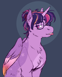 Size: 1086x1337 | Tagged: safe, artist:eggoatt, imported from derpibooru, twilight sparkle, alicorn, pony, chest fluff, glasses, hair up, solo, tongue out, twilight sparkle (alicorn), twitterina design