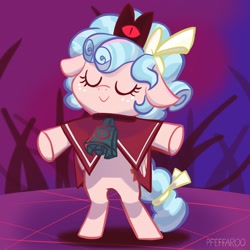 Size: 2048x2048 | Tagged: safe, artist:pfeffaroo, imported from derpibooru, cozy glow, pegasus, pony, bell, bipedal, cape, clothes, crossover, crown, cult of the lamb, eyes closed, grogar's bell, jewelry, red crown, regalia, signature, solo, standing on two hooves