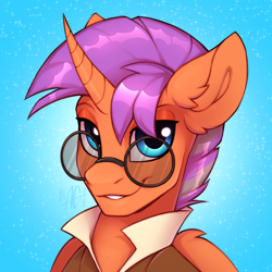 Size: 3000x3000 | Tagged: safe, artist:argigen, imported from derpibooru, oc, oc only, oc:glorious morning, alicorn, pony, alicorn oc, clothes, glasses, high res, horn, looking at you, male, simple background, smiling, smiling at you, solo, wings