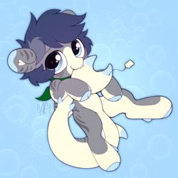 Size: 3000x3000 | Tagged: safe, artist:argigen, imported from derpibooru, oc, oc only, hybrid, merpony, pony, bald face, biting, blaze (coat marking), body markings, bubble, chibi, cloven hooves, coat markings, colored eartips, colored hooves, colored pinnae, facial markings, fish tail, heart, heart ears, heart eyes, high res, looking at you, pale belly, price tag, simple background, tail, tail bite, two toned mane, underwater, water, wingding eyes