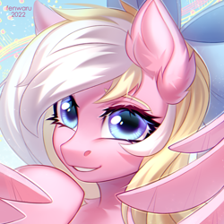 Size: 2000x2000 | Tagged: safe, artist:fenwaru, imported from derpibooru, oc, oc only, oc:bay breeze, pegasus, pony, bow, cute, female, hair bow, happy, looking at you, mare, pegasus oc, wings