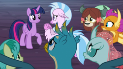 Size: 1277x718 | Tagged: safe, imported from derpibooru, screencap, gallus, ocellus, sandbar, silverstream, smolder, twilight sparkle, yona, alicorn, changedling, changeling, classical hippogriff, dragon, earth pony, griffon, hippogriff, pony, yak, uprooted, student six, twilight sparkle (alicorn)