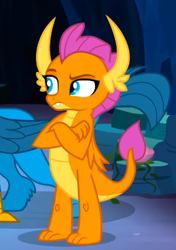 Size: 323x460 | Tagged: safe, imported from derpibooru, screencap, gallus, smolder, dragon, griffon, uprooted, cropped, crossed arms, dragoness, female, offscreen character, raised eyebrow, solo focus