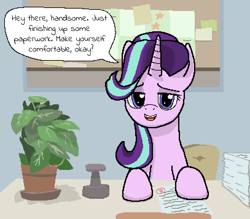 Size: 1221x1071 | Tagged: safe, artist:realdash, imported from derpibooru, phyllis, starlight glimmer, pony, unicorn, bedroom eyes, cute, dialogue, explicit source, female, glimmerbetes, lidded eyes, looking at you, mare, office, open mouth, open smile, school of friendship, sitting, smiling, smiling at you, solo, speech bubble, stamp, starlight's office, story included, talking to viewer, text