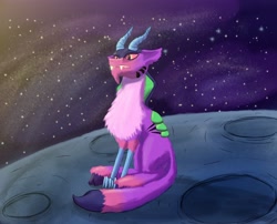 Size: 2762x2230 | Tagged: safe, artist:gosha305, derpibooru exclusive, idw, imported from derpibooru, draconequus, cosmos, detailed background, full body, horns, moon, sitting, space, stars