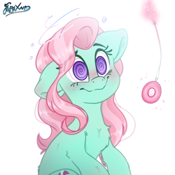 Size: 3000x3000 | Tagged: safe, artist:fluffyxai, imported from derpibooru, minty, earth pony, pony, blushing, ear blush, female, hypnosis, hypnotized, magic, mare, one ear down, simple background, smiling, solo, swirly eyes, telekinesis, white background