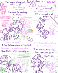 Size: 4779x6013 | Tagged: safe, artist:adorkabletwilightandfriends, imported from derpibooru, spike, starlight glimmer, dragon, pony, unicorn, comic:adorkable twilight and friends, adorkable, adorkable friends, bush, butt, comic, conversation, cute, dork, downtown, fart joke, flower, friendship, happy, high angle, perspective, plot, pointing, ponyville, question, restaurant, sidewalk, slice of life, spike is not amused, sugarcube corner, tail, town, unamused, walking