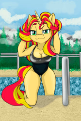 Size: 1000x1500 | Tagged: safe, artist:furryfantan, imported from derpibooru, sunset shimmer, anthro, unicorn, breasts, busty sunset shimmer, cleavage, clothes, cloud, female, fence, green eyes, lidded eyes, looking at you, multicolored hair, one-piece swimsuit, solo, swimming pool, swimsuit, water