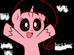 Size: 701x519 | Tagged: safe, artist:sunmint234, imported from derpibooru, potion nova, pony, unicorn, my little pony: pony life, 1000 hours in ms paint, cloud, creepypasta, cute, female, g4.5, horn, mare, night, nya, smiling, text, zalgo