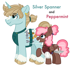 Size: 2650x2479 | Tagged: safe, artist:pink-pone, imported from derpibooru, oc, oc only, oc:peppermint patty, oc:silver spanner, pegasus, pony, unicorn, clothes, female, male, mare, simple background, stallion, white background