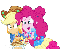 Size: 682x563 | Tagged: safe, artist:marcoequestrian98, edit, edited screencap, imported from derpibooru, screencap, applejack, pinkie pie, human, equestria girls, equestria girls series, sunset's backstage pass!, spoiler:eqg series (season 2), background removed, butter, duo, duo female, female, food, music festival outfit, not a vector, pancakes, simple background, syrup, transparent background