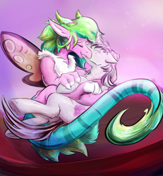 Size: 1324x1432 | Tagged: source needed, safe, artist:testostepone, imported from derpibooru, oc, oc:season's greetings, oc:yiazmat, draconequus, pony, unicorn, coiling, couple, draconequus oc, female, holding a pony, horn, horns, kissing, male, romance, romantic, shipping, tail, unicorn oc