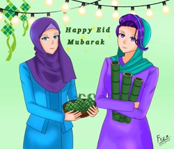 Size: 1661x1429 | Tagged: safe, artist:lencai123, imported from derpibooru, rarity, starlight glimmer, human, duo, eid mubarak, female, hijab, humanized