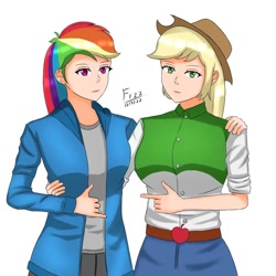 Size: 1080x1080 | Tagged: safe, artist:lencai123, imported from derpibooru, applejack, rainbow dash, human, appledash, clothes, duo, female, humanized, lesbian, shipping, simple background, white background