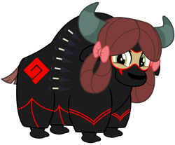 Size: 3500x2900 | Tagged: safe, artist:ponygamer2020, imported from derpibooru, yona, yak, school daze, :p, clothes, cloven hooves, crossover, cute, female, happy, kunai, looking at you, monkey swings, ninja, nose, randy cunningham: 9th grade ninja, scarf, silly, simple background, solo, suit, transparent background, vector, weapon, yonadorable