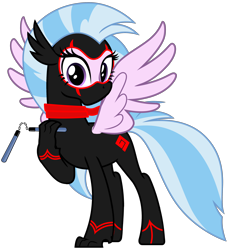 Size: 3000x3200 | Tagged: safe, artist:ponygamer2020, imported from derpibooru, silverstream, classical hippogriff, hippogriff, school daze, clothes, crossover, cute, excited, female, gasp, happy, looking at you, ninja, nunchucks, randy cunningham: 9th grade ninja, scarf, silly, simple background, solo, spread wings, suit, transparent background, vector, weapon, wings