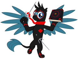 Size: 4200x3200 | Tagged: safe, artist:ponygamer2020, imported from derpibooru, gallus, griffon, school daze, book, claws, clothes, crossover, cute, gallabetes, looking at you, male, ninja, ninjanomicon, randy cunningham: 9th grade ninja, sai, scarf, simple background, solo, spread wings, suit, transparent background, vector, weapon, wings