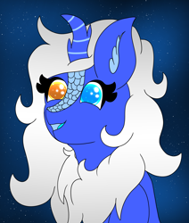 Size: 3392x4000 | Tagged: safe, artist:eminent entropy, imported from derpibooru, oc, oc only, oc:soul, oc:soul silverleaf, kirin, bust, fluffy, heterochromia, kirin oc, portrait, solo, space, stars