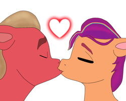 Size: 1686x1350 | Tagged: safe, artist:sproutscoutotp, imported from derpibooru, sprout cloverleaf, sunny starscout, earth pony, pony, blonde mane, couple, duo, eyes closed, female, g5, heart, kiss on the lips, kissing, male, mare, my little pony: a new generation, orange coat, purple mane, red coat, shipping, simple background, stallion, straight, sunnysprout, white background
