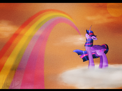 Size: 2000x1500 | Tagged: safe, artist:umimizunone, imported from derpibooru, twilight sparkle, alicorn, pony, cloud, curved horn, eye clipping through hair, female, horn, looking up, mare, on a cloud, rainbow, signature, sky, smiling, solo, twilight sparkle (alicorn)