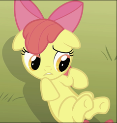 Size: 690x724 | Tagged: safe, imported from derpibooru, screencap, apple bloom, earth pony, pony, the show stoppers, adorabloom, cropped, cute, female, filly, floppy ears, foal, lying down, solo