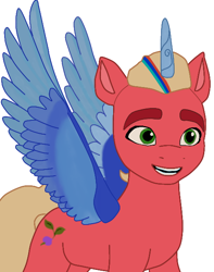 Size: 492x625 | Tagged: safe, artist:sproutscoutotp, imported from derpibooru, sprout cloverleaf, alicorn, earth pony, pony, spoiler:my little pony: a new generation, alicornified, alternate universe, artificial horn, artificial wings, augmented, blonde hair, g5, green eyes, horn, magic, magic horn, magic wings, male, male alicorn, my little pony: a new generation, race swap, red coat, simple background, smiling, solo, sprouticorn, stallion, what if, white background, wings