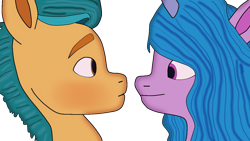 Size: 1280x720 | Tagged: safe, artist:sproutscoutotp, imported from derpibooru, hitch trailblazer, izzy moonbow, earth pony, pony, unicorn, blushing, couple, female, g5, izzyhitch, looking at each other, male, mare, my little pony: a new generation, now kiss, shipping, simple background, stallion, straight, transparent background