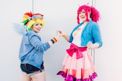 Size: 1080x720 | Tagged: safe, artist:roseygcosplay, imported from derpibooru, pinkie pie, rainbow dash, human, clothes, cosplay, costume, duo, goggles, irl, irl human, multicolored hair, photo, rainbow hair