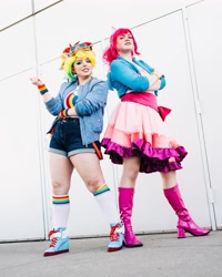 Size: 1080x1349 | Tagged: safe, artist:roseygcosplay, imported from derpibooru, pinkie pie, rainbow dash, human, boots, clothes, cosplay, costume, duo, goggles, high heel boots, irl, irl human, multicolored hair, photo, rainbow hair, shoes